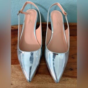 Genshuo Silver Pointed Toe Slingback Heels